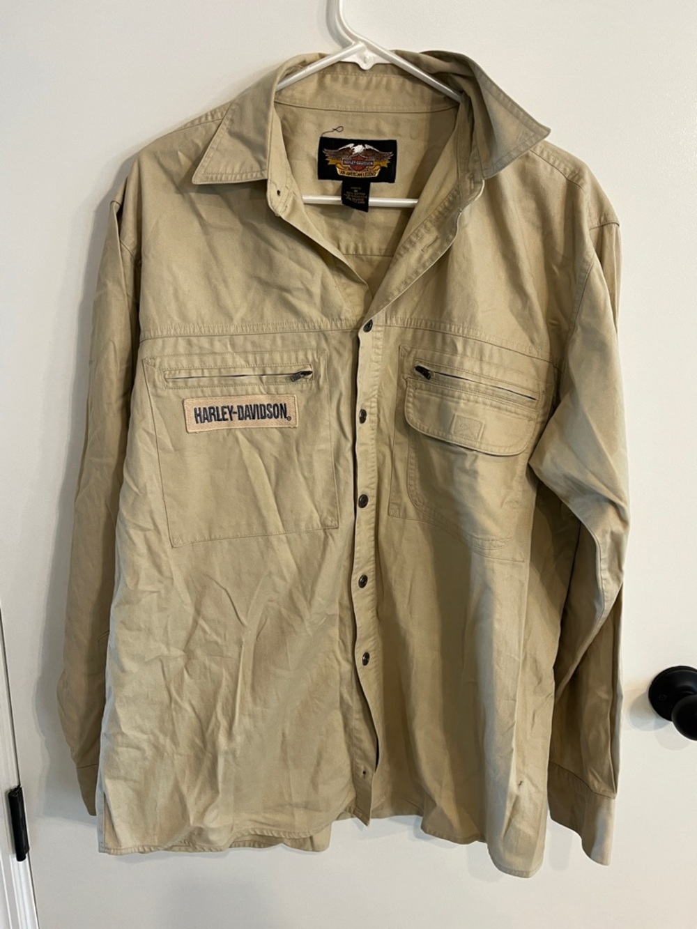 Mens size medium Harley Davidson Khaki button up polo shirt